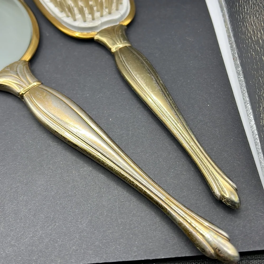 Vintage flower vanity mirror and brush